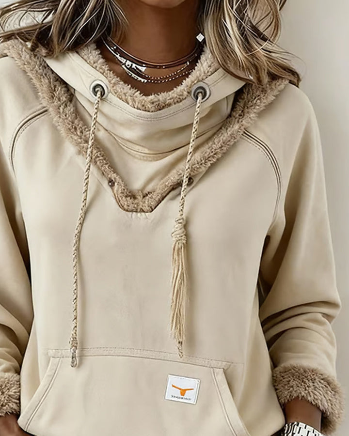 Soft Harmony | Bluza Patchwork z Długim Rękawem i Kieszeniami