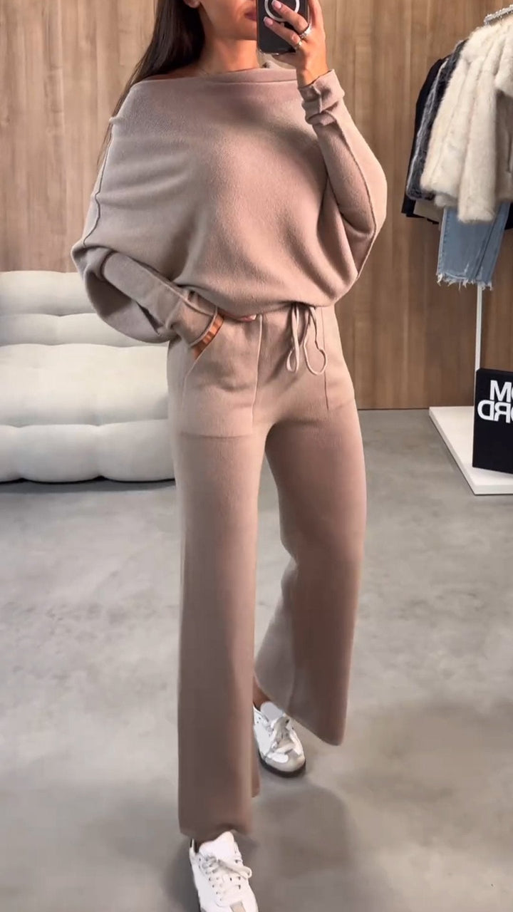 Damski garnitur z długimi rękawami i rękawami nietoperzowymi, z dzianiny o swobodnym kroju