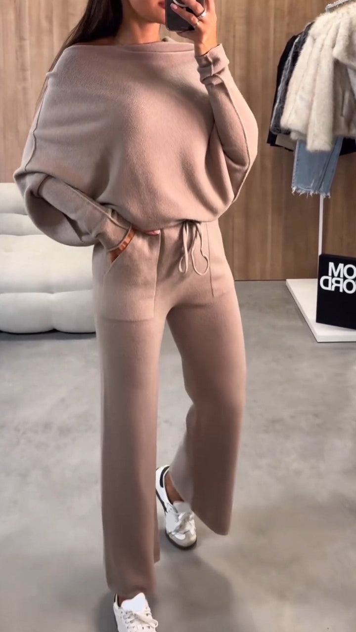 Damski garnitur z długimi rękawami i rękawami nietoperzowymi, z dzianiny o swobodnym kroju